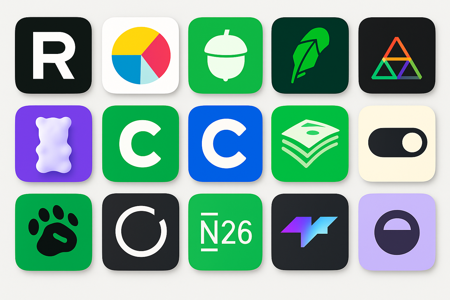 A randomized 3x5 grid of colorful fintech app icons on a light gray background, featuring designs like pie charts, acorns, cash stacks, geometric shapes, and stylized letters. Each icon is spaced evenly with sharp contrast and clean lines, creating a modern visual ideal for a blog post about the Best Finance Apps 2025.