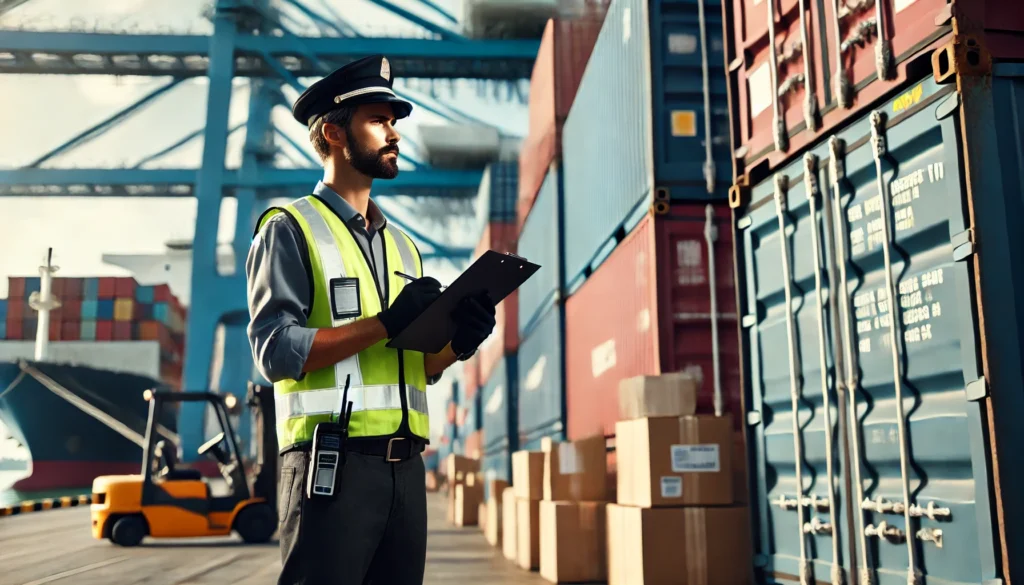 customs 2 Customs officer inspecting shipping containers at a busy port terminal. Cargo boxes, freight containers, and a docked cargo ship illustrate international trade, import-export regulations, and customs enforcement processes.