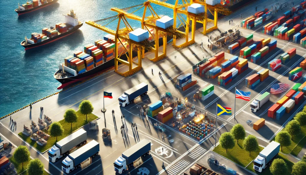 free trade Global trade and logistics network with cargo ships, shipping containers, airplanes, and freight trucks connecting international markets. Digital globe overlay symbolizes global supply chains, import-export routes, and international tariff systems.