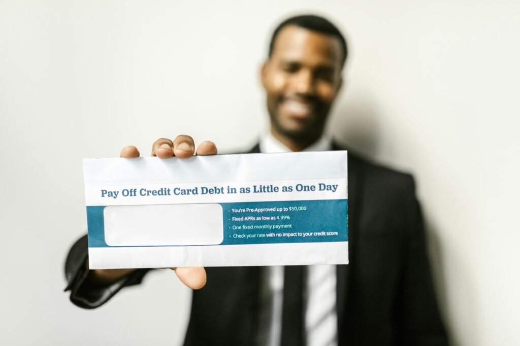 pexels-photo-7821703-7821703 African American man holding envelope emphasizing credit card debt relief options.