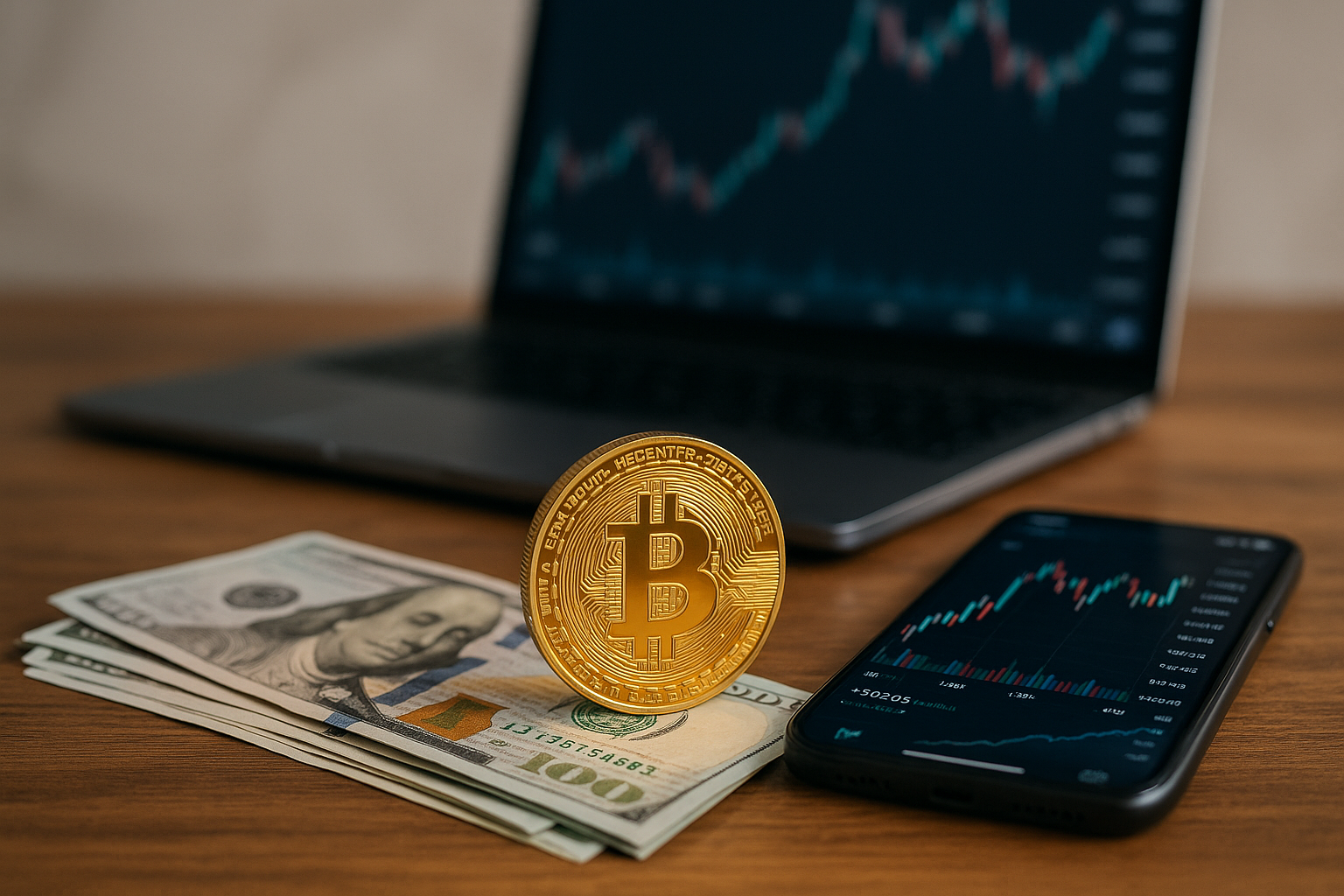 A realistic, high-resolution photograph of a gold Bitcoin coin standing on a stack of U.S. dollar bills, next to a smartphone displaying a Bitcoin price chart. In the background, a laptop shows financial data on its screen. The scene is set on a wooden desk with soft, natural lighting, representing the intersection of cryptocurrency and traditional finance.