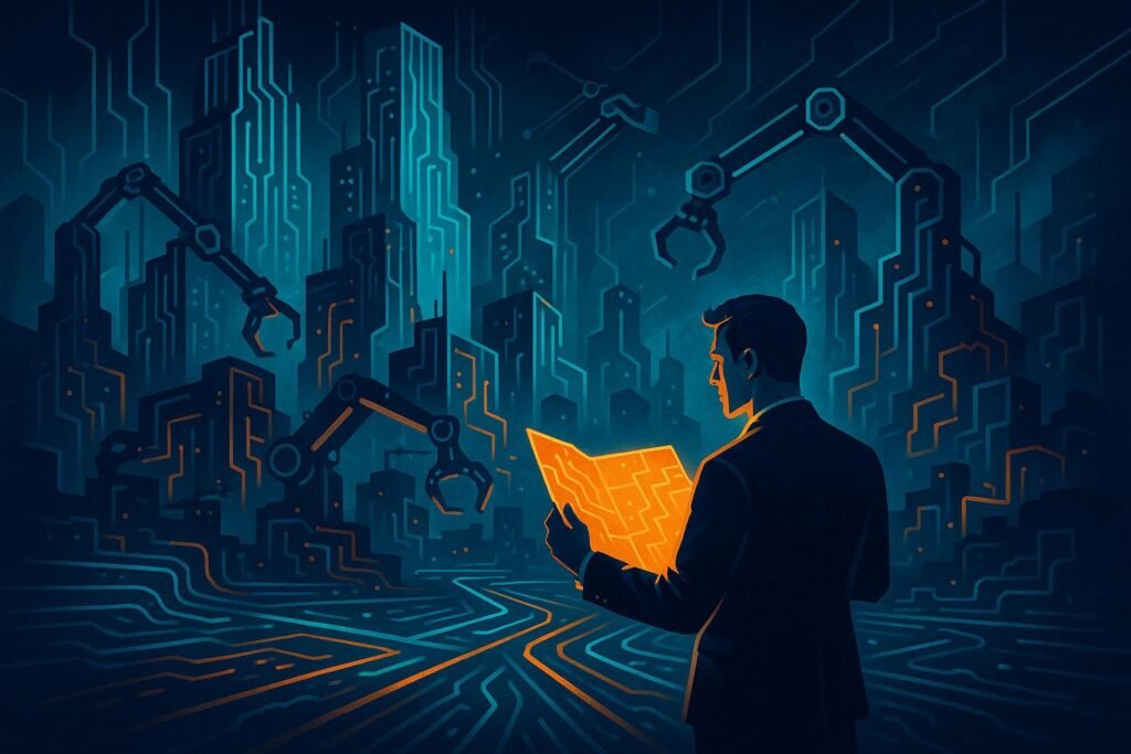 A digital illustration of a futuristic city with skyscrapers resembling circuit boards, glowing in cool blues and bright turquoise tones. Robotic arms extend from the buildings, actively constructing structures. In the foreground, a man in a suit stands at a glowing, circuit-like crossroads, holding a vibrant orange map that emits light, symbolizing navigation through an AI-driven urban landscape. The atmosphere is moody, electric, and abstract.
