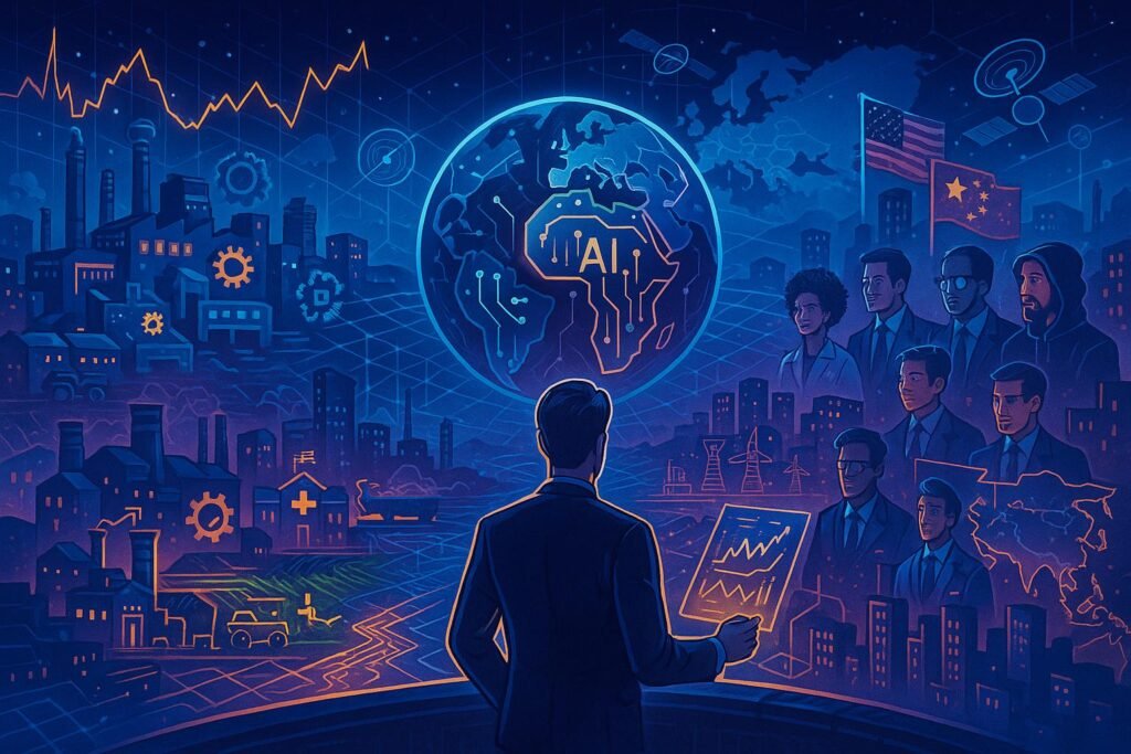 A complex digital illustration of a global AI ecosystem. At the center, a glowing Earth wrapped in AI circuitry symbolizes worldwide integration. To the left, industries like factories, hospitals, and farms glow with embedded AI icons. On the right, diverse professionals—wearing business suits, lab coats, and hoodies—represent a high-tech talent marketplace, with national flags and satellites suggesting geopolitical tension. A thoughtful investor stands in the foreground at a high vantage point, holding a digital tablet displaying trend graphs. The scene is interconnected with glowing networks, market charts in the sky, and illuminated grids, all in cool blues, neon purples, and sharp whites.