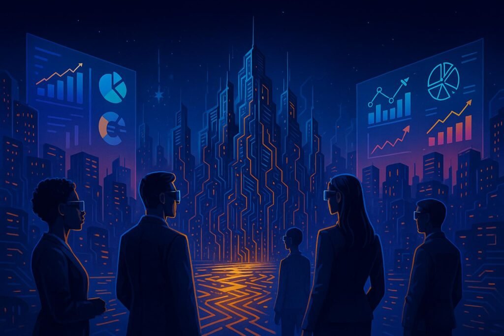 A digital illustration of a futuristic cityscape illuminated in vibrant neon blues, purples, and oranges. Five professionals wearing AR headsets stand on a platform, facing towering circuit-inspired skyscrapers. Glowing data streams flow through the city like a river, while large holographic displays show charts, graphs, and financial icons in the sky. The scene conveys innovation, strategy, and the integration of AI technology in modern investment.