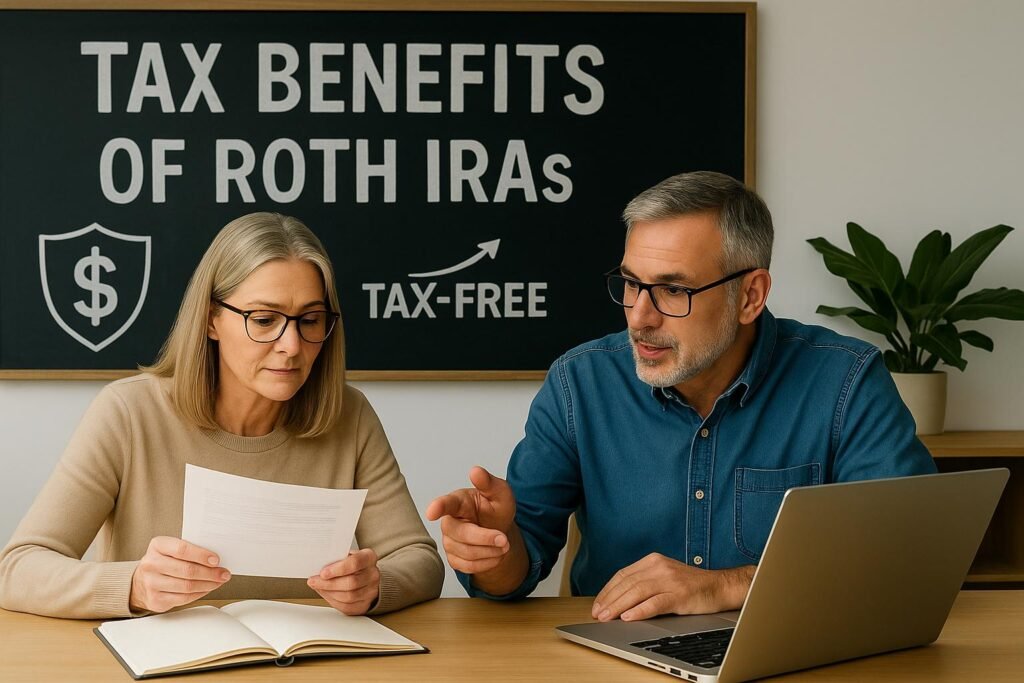 A_high-resolution_digital_photograph_features_a_mi A high-resolution photograph of a middle-aged Caucasian couple sitting side-by-side at a wooden desk. The woman reviews a printed paper while the man gestures toward her, discussing the contents. Behind them, a blackboard prominently displays “TAX BENEFITS OF ROTH IRAs” with a tax-free arrow and a dollar symbol shield icon. The scene is naturally lit, with a potted plant on the right and a laptop open in front of the man.