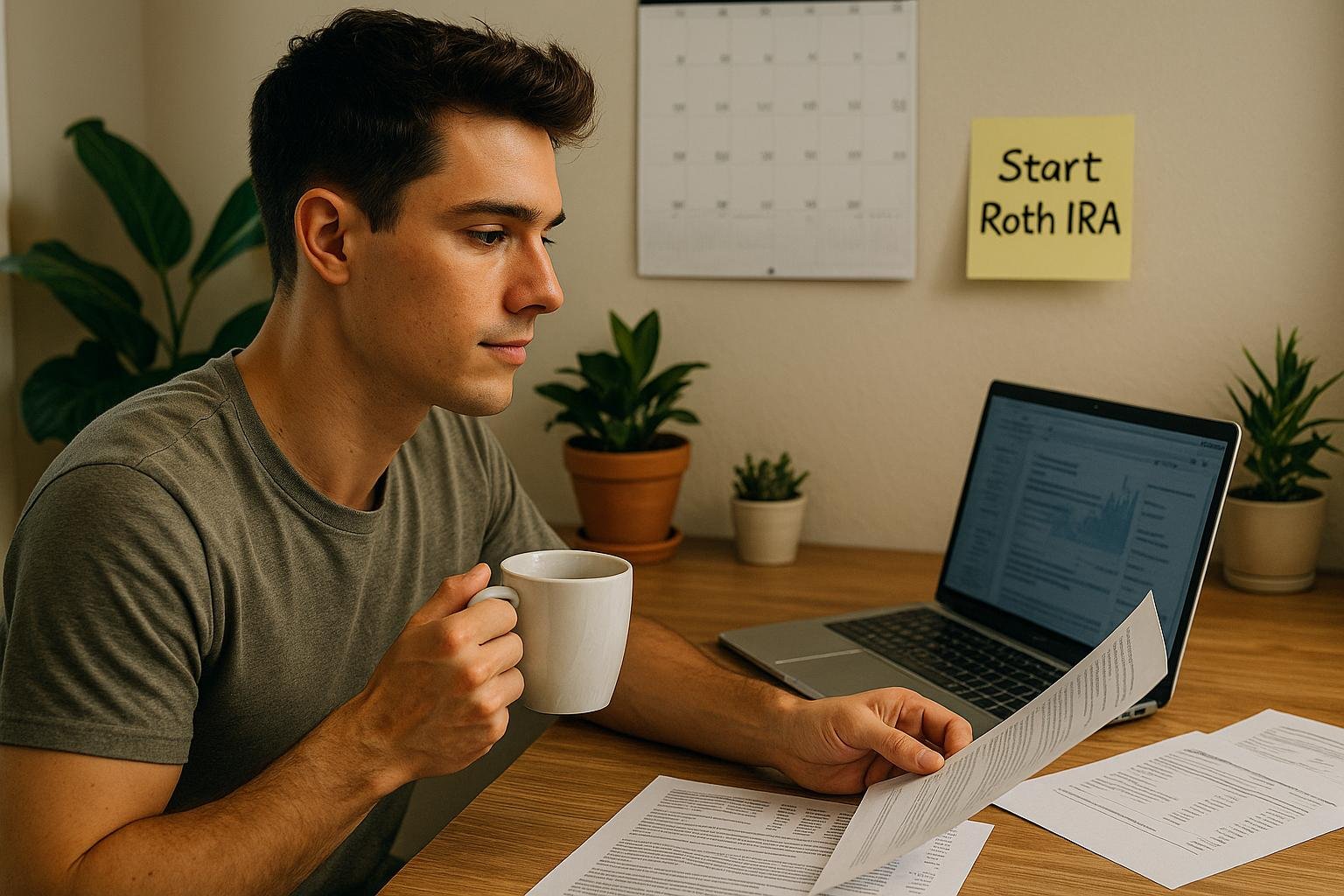 Photorealistic image of a young man in his 20s sitting at a desk with a laptop, financial papers, and a white coffee mug. A sticky note on the wall reads "Start Roth IRA," and a calendar and indoor plants frame the background. The lighting is natural and soft, capturing a moment of thoughtful financial planning.