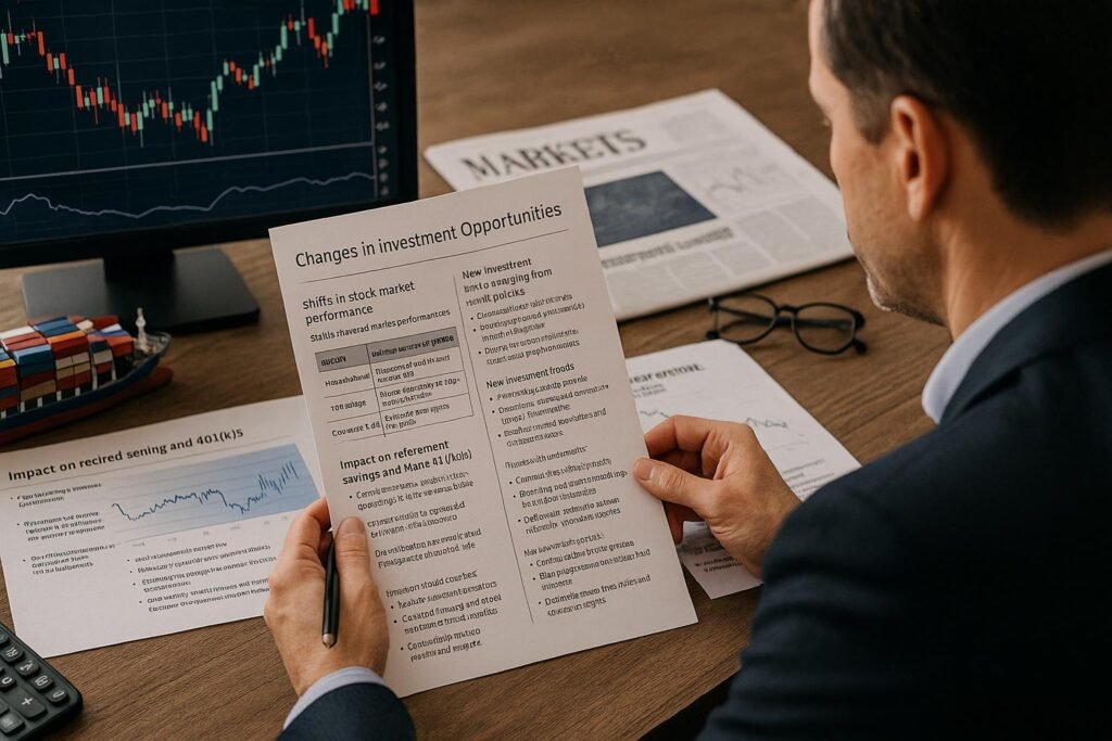 A_high-resolution_photograph_showcases_an_investor Investor analyzing tariff impact on stock market sectors and 401(k) investments, surrounded by financial charts and global trade symbols.