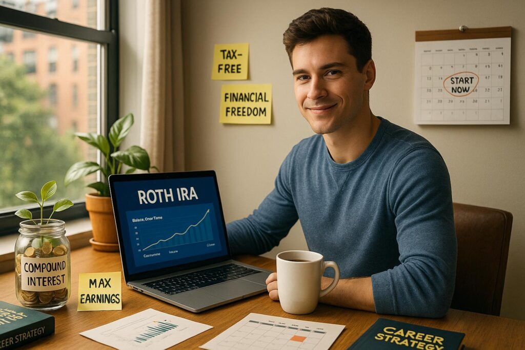 A_photograph_captures_a_young_Caucasian_man_in_his Photorealistic image of a young man in his 20s smiling at his desk in a bright apartment, holding a coffee mug with a laptop displaying a Roth IRA chart. On the desk are financial documents, a jar labeled "Compound Interest," a book titled "Career Strategy," and sticky notes with messages like “Tax-Free,” “Max Earnings,” and “Financial Freedom.” A calendar on the wall has "Start Now" circled, conveying the importance of early investment planning.