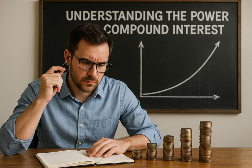 A_photograph_of_a_Caucasian_man_in_his_mid-30s_dep A photograph of a Caucasian man in his mid-30s, wearing glasses and a blue button-down shirt, sits at a wooden desk looking thoughtfully at a notebook. In front of him are stacks of coins increasing in height from left to right, and behind him is a chalkboard showing a compound interest growth curve and the phrase "Understanding the Power of Compound Interest" in bold white letters.