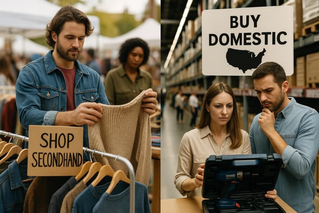 Altered_Consumer_Behavior_Composite Photorealistic split image showing changes in consumer behavior: on the left, a man browses secondhand clothing at an outdoor market with a 'Shop Secondhand' sign; on the right, a couple examines a power drill under a 'Buy Domestic' sign in a large retail warehouse, highlighting the shift toward domestic purchases and resale markets due to economic factors.