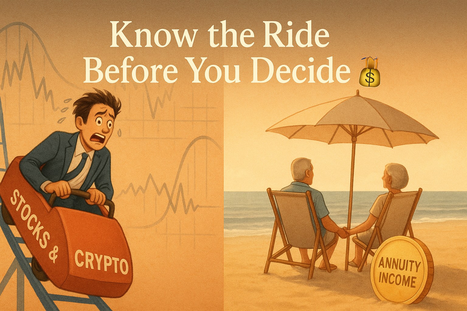 Split-screen illustration showing a stressed businessman riding a wild rollercoaster labeled 'Stocks & Crypto' with volatile charts in the background, contrasted with a relaxed older couple sitting under a beach umbrella by the ocean next to a golden coin labeled 'Annuity Income.' Overlay text reads: 'Know the Ride Before You Decide 🎢💰'.