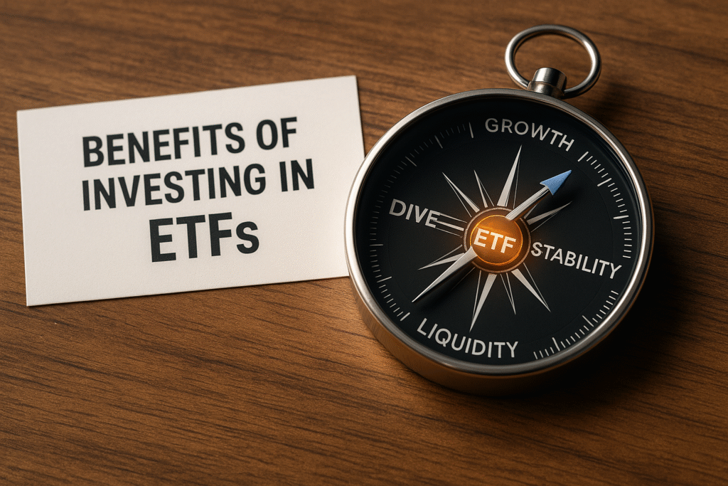 Benefits of ETFs A photorealistic image of a metallic compass on a wooden desk pointing toward investment benefits like Growth, Stability, Liquidity, and Diversity, with a glowing orange center labeled “ETF” beside a card reading “Benefits of Investing in ETFs."