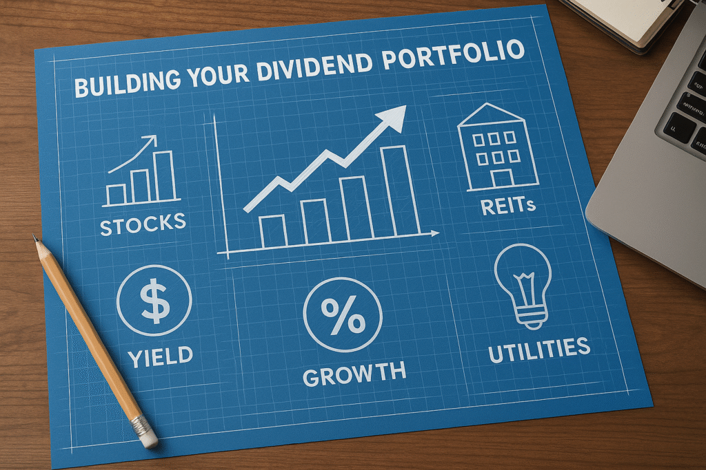 Building your dividend portfolio A digital blueprint titled "Building Your Dividend Portfolio" is laid on a wooden desk, featuring icons and labeled sections for Stocks, Yield, Growth, REITs, and Utilities, with a line graph, pencil, and part of a laptop and notebook in view.