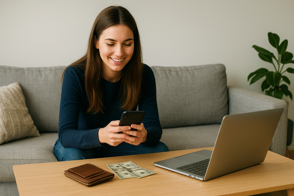 ChatGPT Image May 17, 2025, 08_57_44 AM A high-resolution photo of a young woman with long brown hair seated on a light gray sofa, smiling while using her smartphone. A modern laptop, a leather wallet, and a few U.S. dollar bills are neatly arranged on a wooden coffee table in front of her. The cozy living room features a light-colored wall, a soft beige cushion, and a green potted plant, all illuminated by natural daylight.
