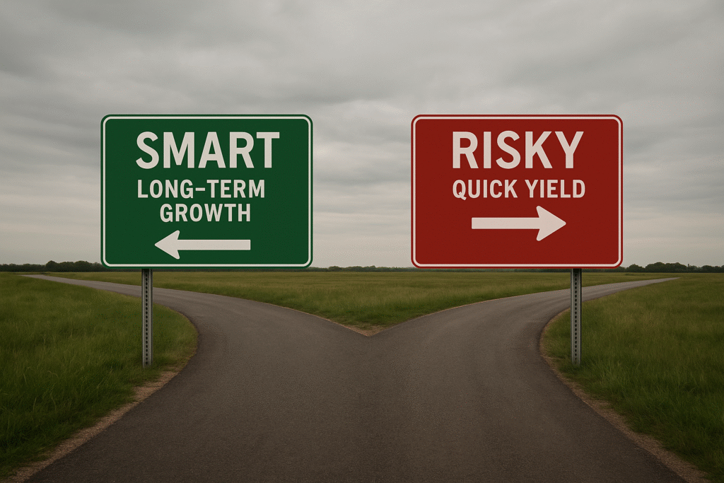 Common Dividend Mistakes A rural forked road under cloudy skies with two directional signs: a green one labeled "SMART – LONG-TERM GROWTH" pointing left and a red one labeled "RISKY – QUICK YIELD" pointing right, illustrating investing choices.