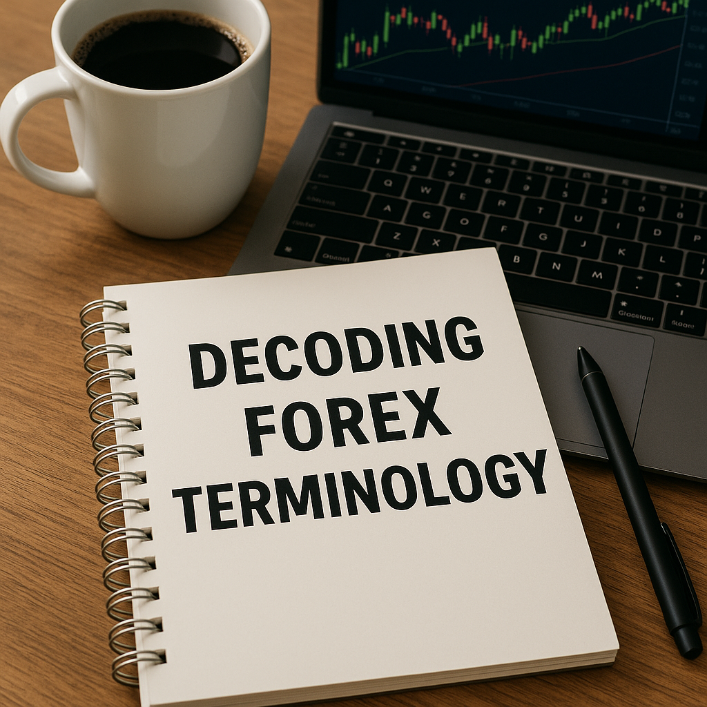 Decoding Forex Terminology Spiral notebook with the title "Decoding Forex Terminology" placed on a wooden desk next to a black pen, a cup of coffee, and a laptop displaying a forex candlestick chart.