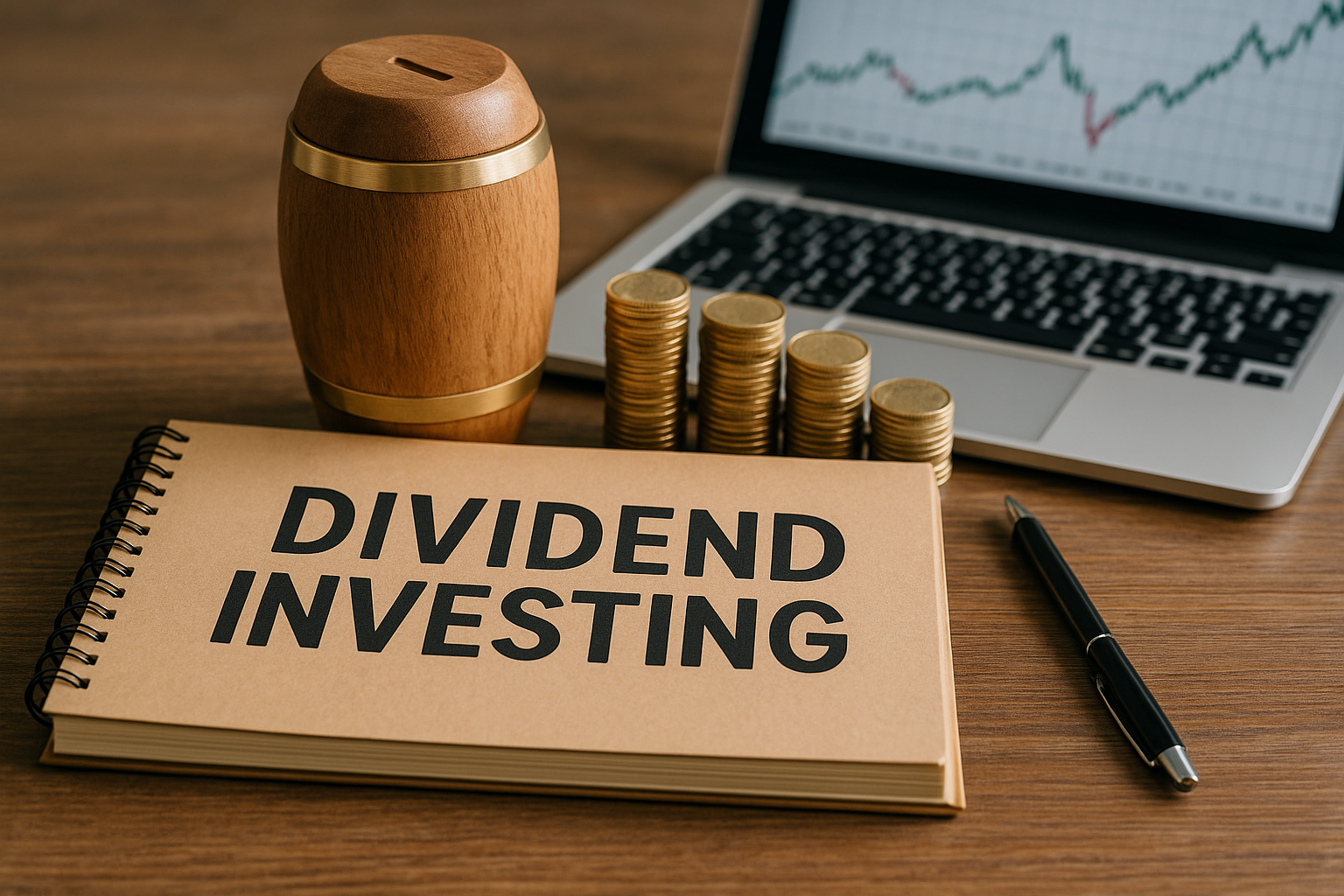 A natural, eye-level photograph of a financial setup showing a spiral notebook labeled "DIVIDEND INVESTING," a wooden barrel piggy bank, stacks of gold coins, a black pen, and a laptop displaying a financial graph, all arranged on a wooden desk and lit with DSLR-quality natural lighting.