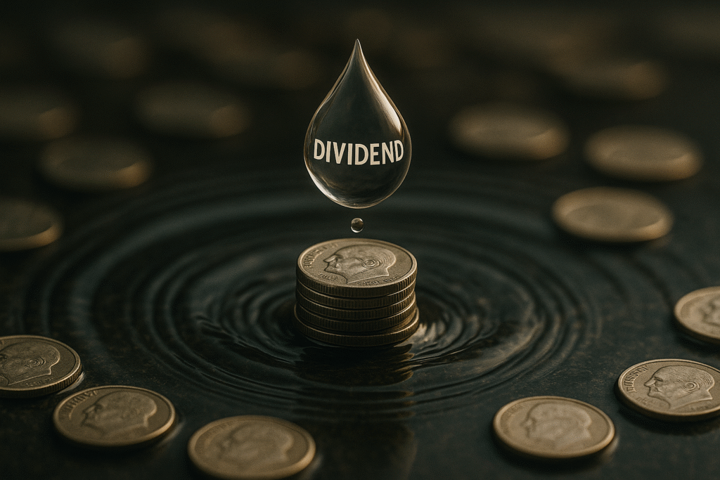 Dividend Reinvestment Plans (DRiPs) A landscape-format image of a water droplet labeled "DIVIDEND" falling onto a stack of U.S. nickels, creating ripples in reflective water surrounded by scattered coins, symbolizing reinvestment growth.