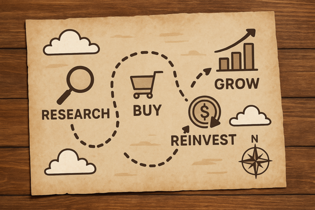 Dividend Roadmap A parchment-style map on a wooden background with icons and labels for Research, Buy, Reinvest, and Grow connected by a dotted path, symbolizing the journey of starting dividend investing.