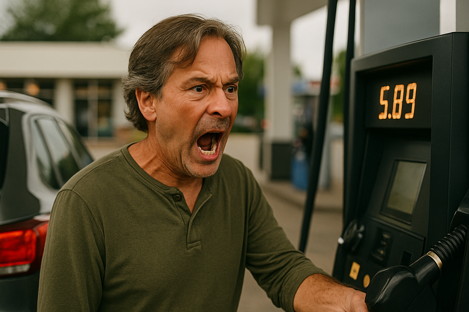 A middle-aged man stands at a gas pump, visibly shocked and angry as he stares at the fuel price display reading $5.89. He grips the pump handle tightly, with his mouth open in disbelief, capturing a candid moment of frustration over rising gas costs.