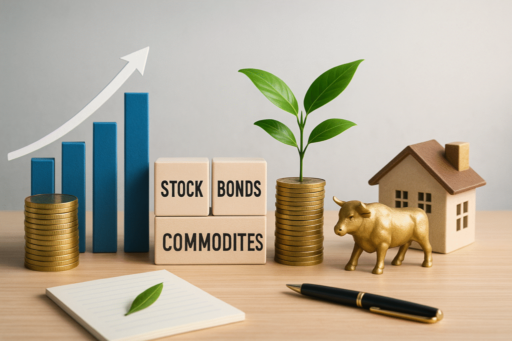 ETF Conclusion Alt Text: An abstract representation of diverse financial assets, including a bar chart, stacks of coins, labeled blocks for stocks, bonds, and commodities, a plant symbolizing growth, a gold bull figure for market strength, and a model house—all arranged in a clean, natural-light setting.
