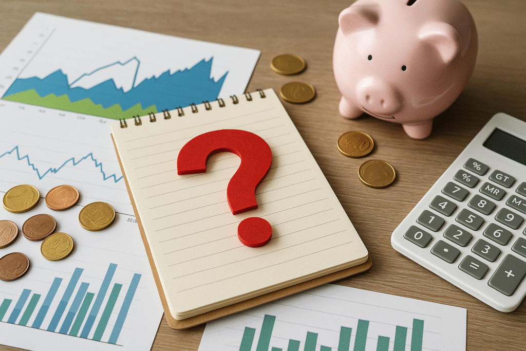 ETF Misconceptions A notepad with a bold red question mark rests on a desk surrounded by financial charts, a piggy bank, coins, and a calculator. The scene is bathed in soft natural light, evoking questions about ETF investments.