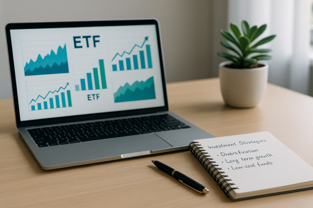 ETF Strategies A modern desk scene with a laptop displaying ETF-related financial charts, a notepad listing investment strategies like diversification and long-term growth, a black pen, and a potted plant, all softly illuminated by natural light from a nearby window.