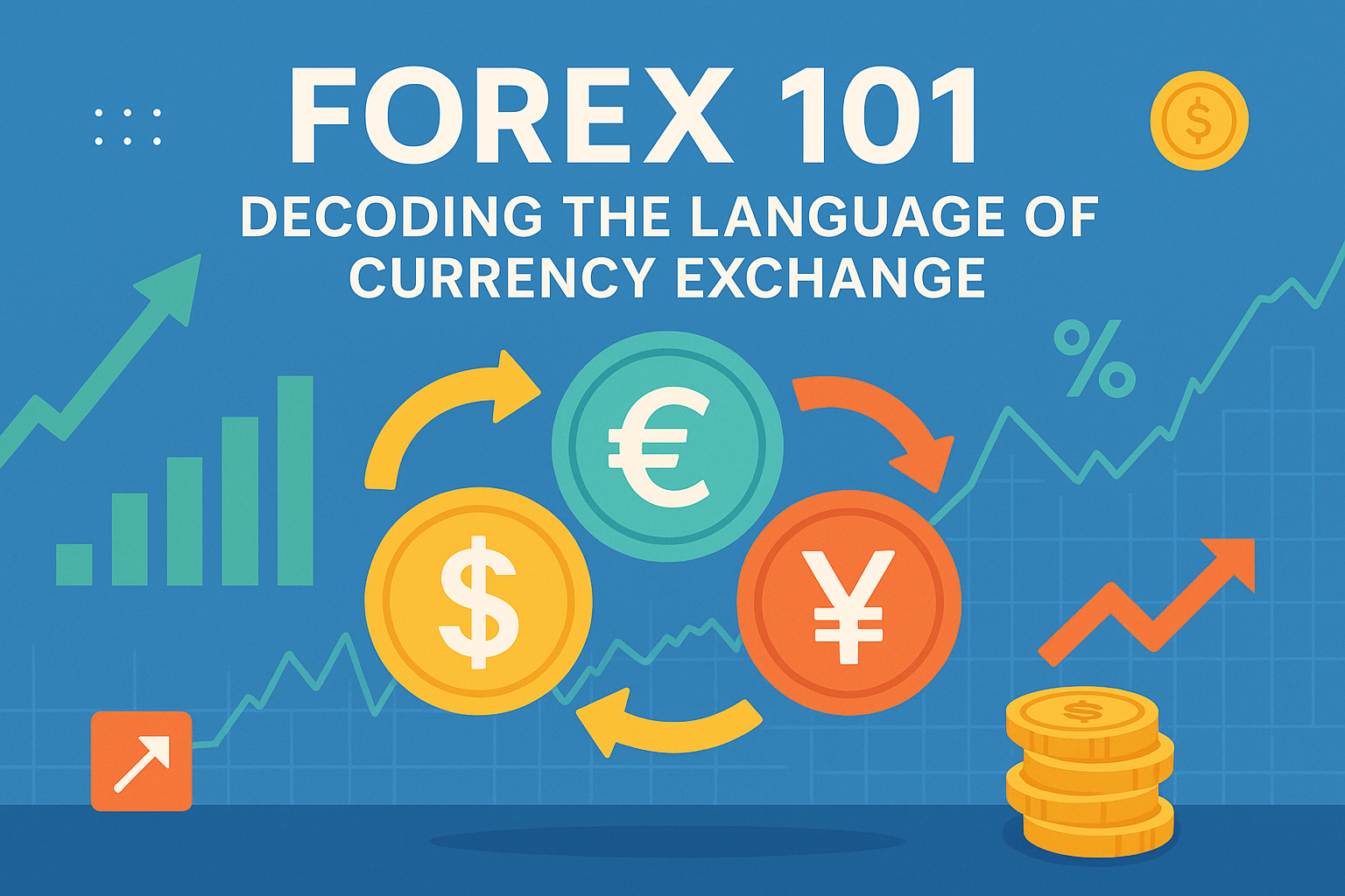 Colorful infographic titled "Forex 101: Decoding the Language of Currency Exchange," featuring dollar, euro, and yen symbols with circular arrows between them, alongside charts, arrows, percentage signs, and coin stacks representing currency trading and market growth.