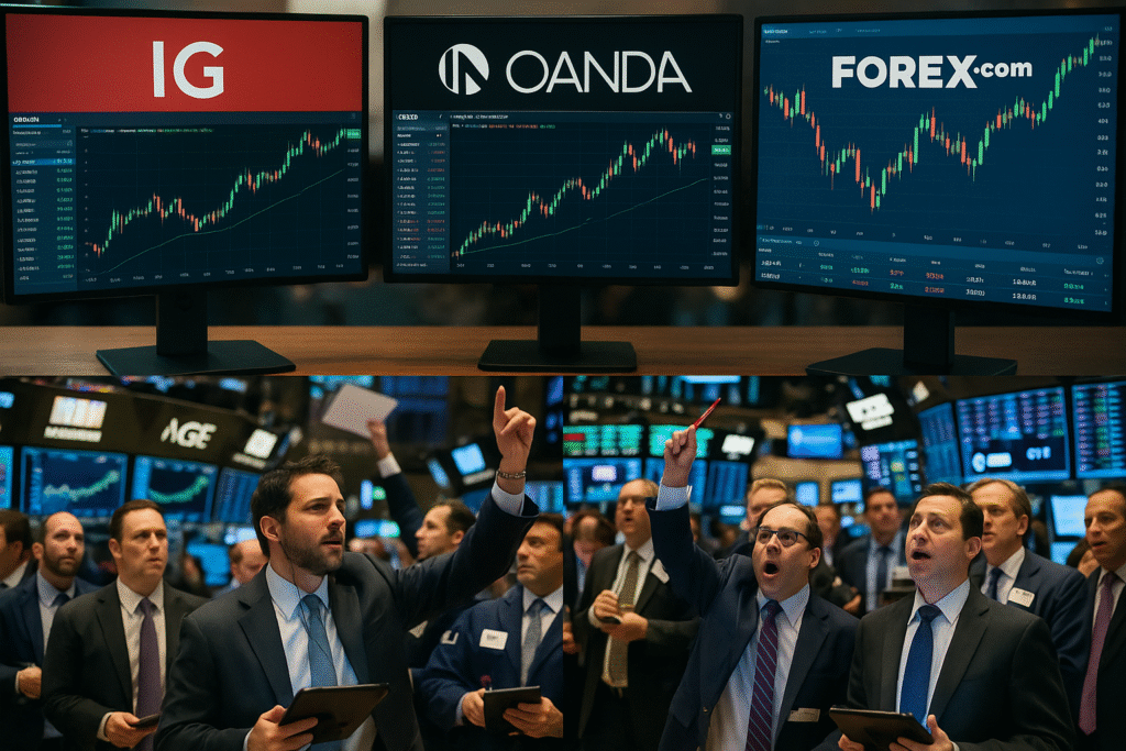 Forex Broker Split image showing three forex trading platforms—IG, OANDA, and FOREX.com—displayed on monitors with rising candlestick charts, above a busy trading floor where stock traders in suits react to market movements, some pointing or holding tablets.