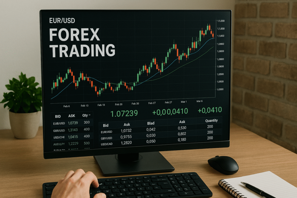Forex Trading A person analyzing forex trading data on a computer screen displaying EUR/USD currency pair charts, bid/ask prices, and market trends, with a keyboard, mouse, notebook, and plant on the desk.