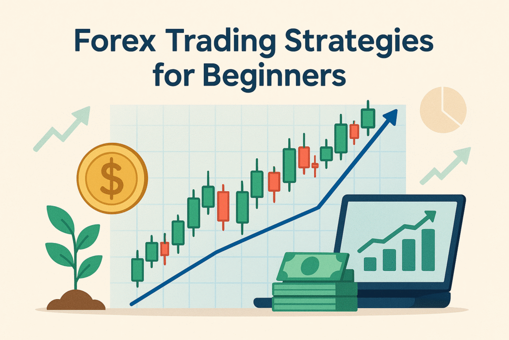 Forex Trading Strategies 2 Illustrated graphic titled "Forex Trading Strategies for Beginners" showing a candlestick chart trending upward, alongside icons of a dollar coin, stack of cash, laptop with a rising bar graph, and a small plant symbolizing financial growth.