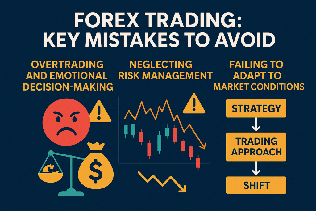 Forex common mistakes Infographic titled "Forex Trading: Key Mistakes to Avoid," highlighting three common errors—overtrading and emotional decision-making, neglecting risk management, and failing to adapt to market conditions—with corresponding icons and visual elements like candlestick charts, warning signs, and flow diagrams.