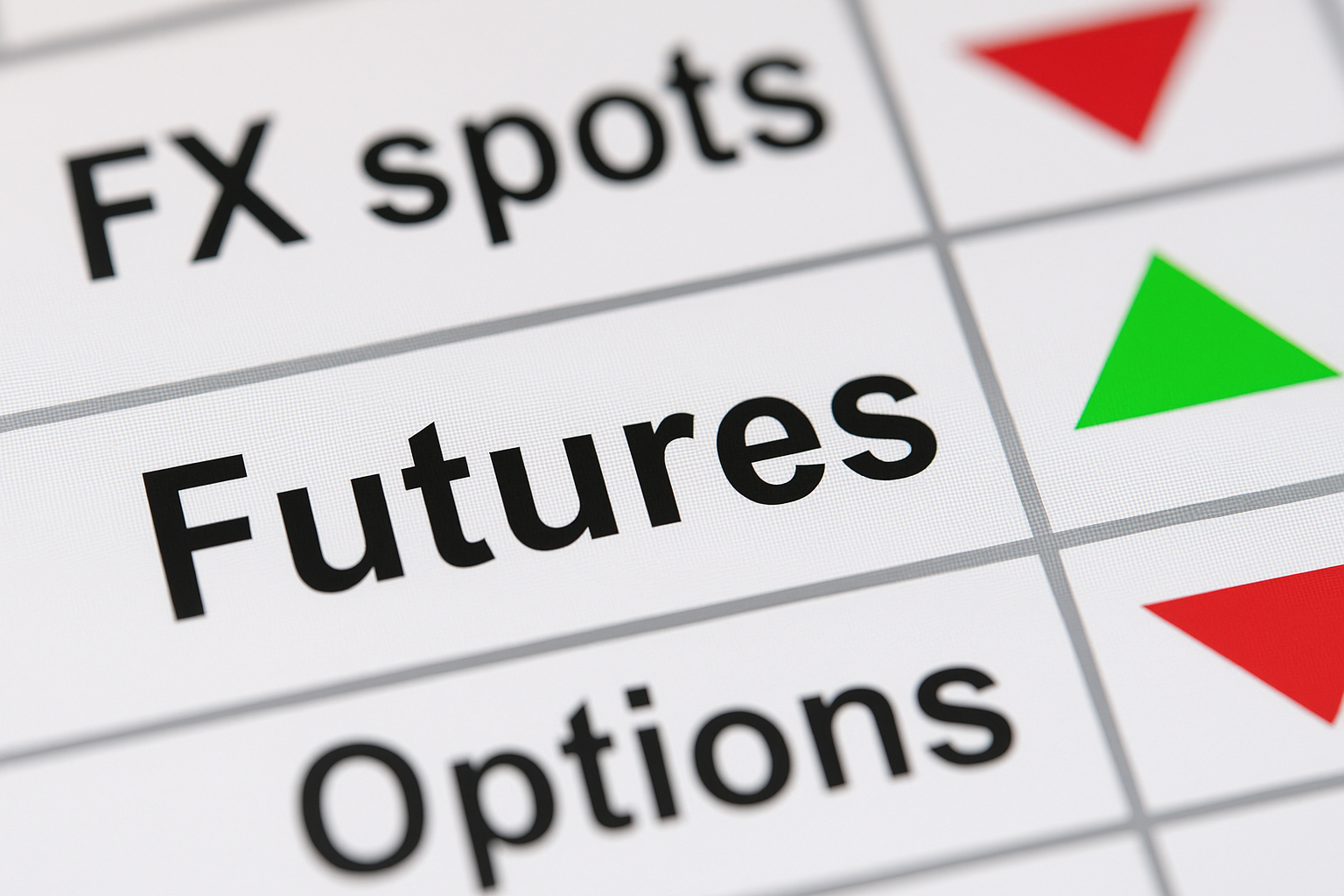 A high-resolution close-up of a computer screen displaying financial market data, illustrating how to start futures trading with the word "Futures" highlighted by a green upward triangle, next to "FX spots" and "Options" marked by red downward triangles.
