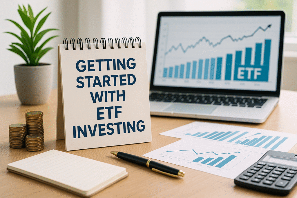 Getting Started with ETF investing A clean desk setup with a laptop showing ETF investment charts, a notepad, pen, financial documents, stacked coins, and a green plant, all under soft natural light—visually representing the concept of getting started with ETF investing.