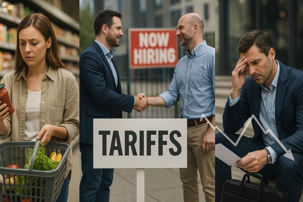 Impact_of_Tariffs_Composite Photorealistic composite image illustrating the effects of tariffs: on the left, a woman looks concerned while grocery shopping; in the center, two professionals shake hands near a 'Now Hiring' sign; on the right, a businessman appears stressed while reviewing financial documents with a downward stock graph—symbolizing price hikes, employment shifts, and investment challenges due to trade tariffs.