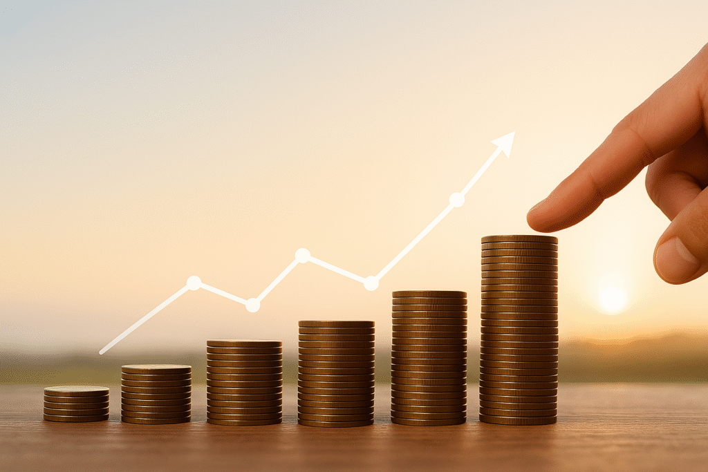 Invest your HSA funds A photo showing neatly stacked piles of golden coins arranged in ascending order from left to right on a wooden surface. A hand on the right side is gently touching the tallest stack. A white, dotted upward-trending line graph overlays the image, symbolizing financial growth. The background features a serene sunset with a soft gradient sky.