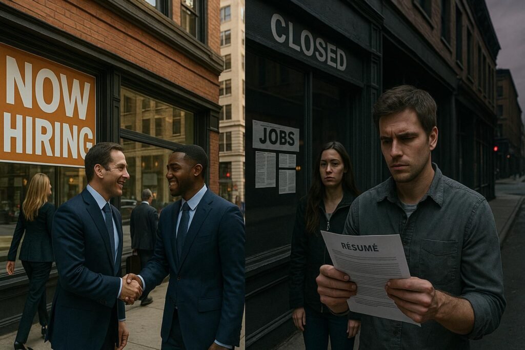 Job_Market_Fluctuations_Landscape High-resolution split photograph showing job market contrasts: on the left, smiling professionals shake hands outside a business with a 'Now Hiring' sign; on the right, a somber job seeker reads a résumé in front of a closed storefront marked 'Jobs'. City background and lighting reflect economic disparity.