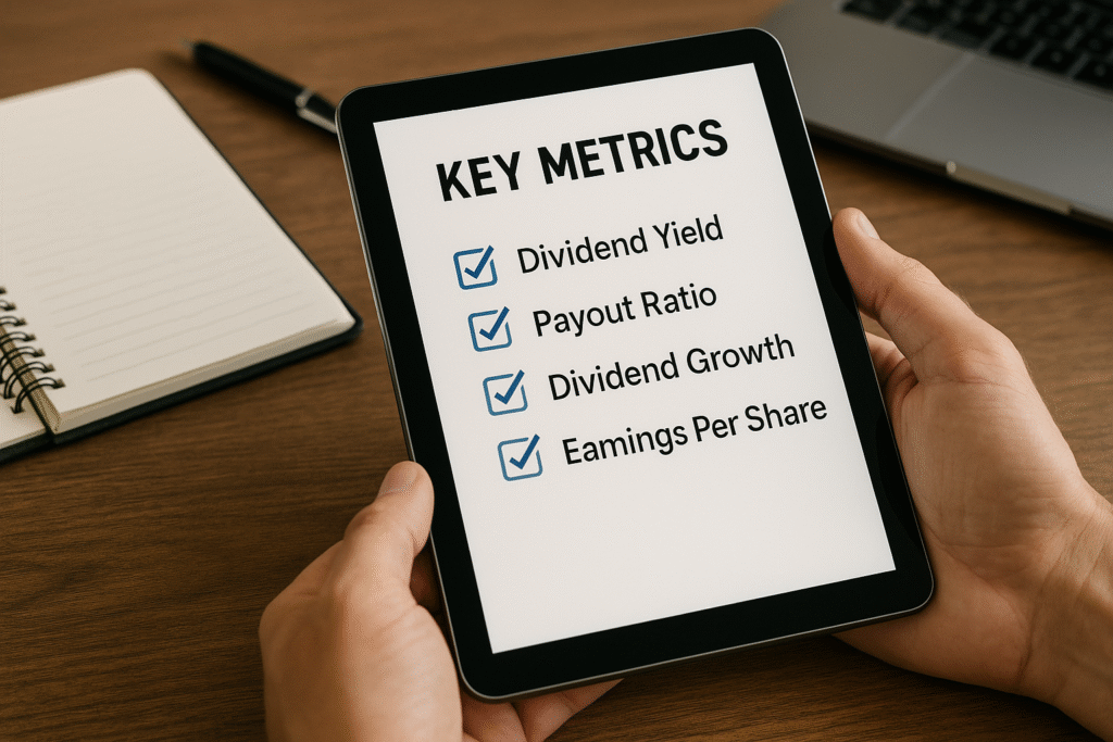 Key Metrics for Evaluating Dividends A digital tablet held in two hands displays a checklist of key dividend stock metrics including Dividend Yield, Payout Ratio, Dividend Growth, and Earnings Per Share, with a notebook and laptop on a wooden desk in the background.