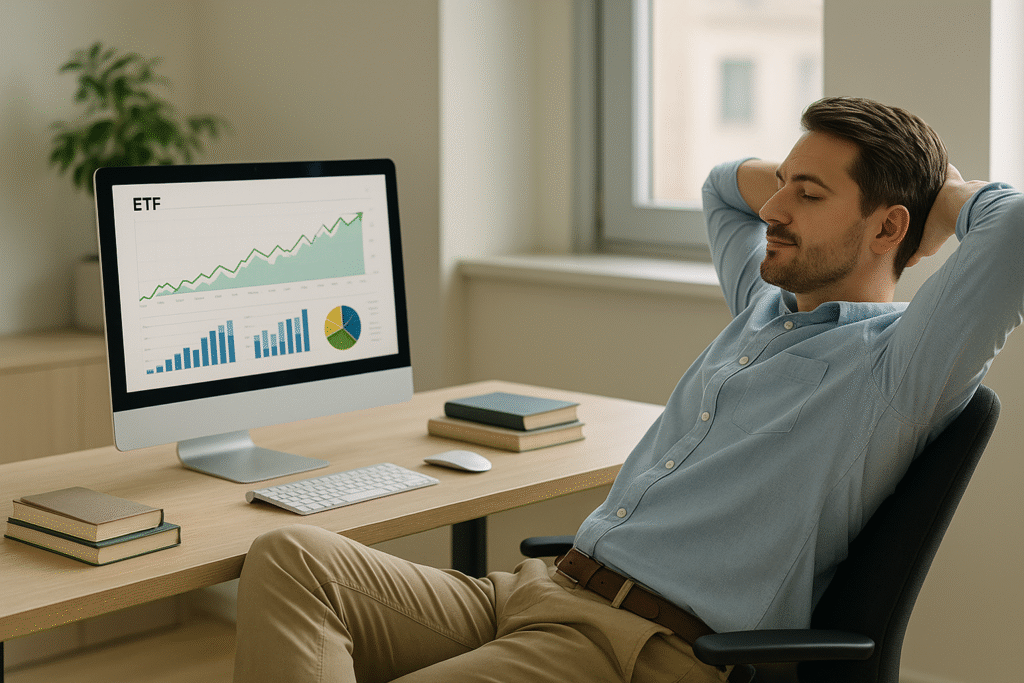 Lazy Investor ETF A relaxed man in a blue shirt leans back in a chair at a minimalist office desk, gazing at a computer screen displaying ETF charts and graphs. Natural light streams through a window, illuminating a calm, modern workspace with stacked books and a notepad.