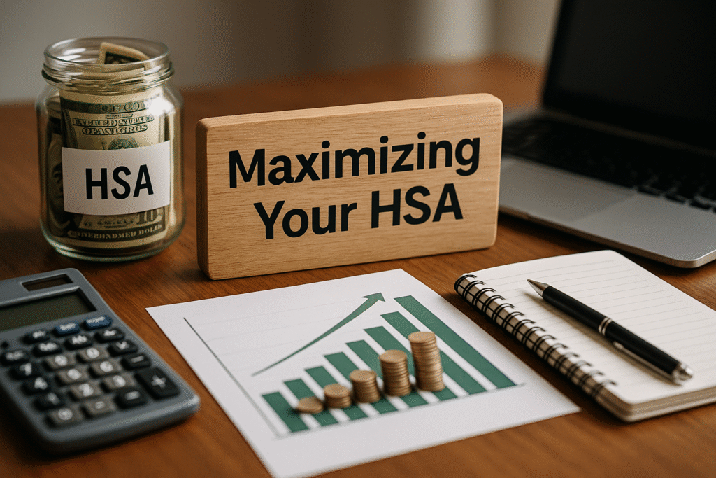 Maximizing HSA A photorealistic desktop layout showing a financial planning scene with a wooden sign labeled “Maximizing Your HSA,” a jar labeled “HSA” filled with cash, a rising bar graph with stacked coins, a calculator, a notebook with a pen, and a laptop in natural daylight.