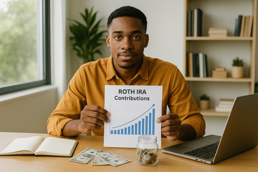 Maximizing Roth Earnings A high-resolution digital photograph features a young African American man wearing a mustard-yellow shirt, seated at a wooden desk in a naturally lit home office. He holds a printed chart labeled “ROTH IRA Contributions” showing a rising bar graph. In front of him lie a notebook, several U.S. dollar bills, a jar of coins, and a laptop. The background includes a large window with greenery outside, a potted plant, and a minimalist bookshelf, conveying a confident, informed approach to maximizing earnings potential through Roth IRA contributions.