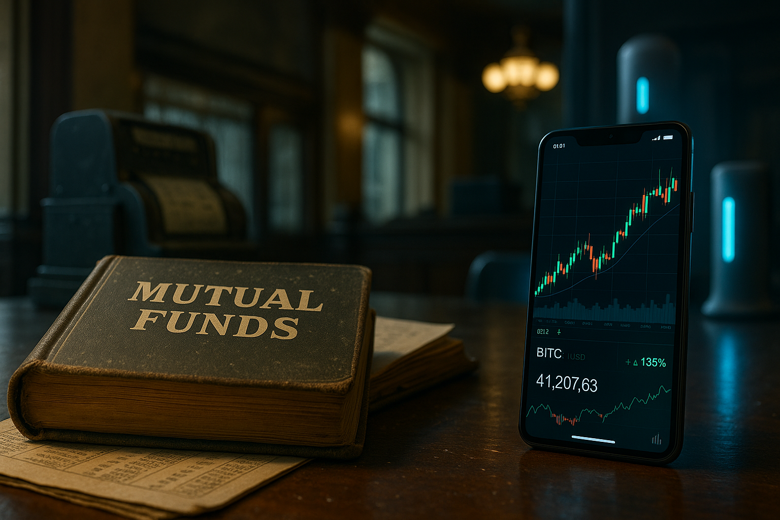 A photorealistic image depicts a visual contrast between traditional and modern investing. On the left, a dusty, vintage hardcover book labeled "MUTUAL FUNDS" rests on an old paper financial ledger atop a polished wooden desk. Behind it, a rotary ticker tape machine hints at an antiquated investment office setting, bathed in warm, nostalgic lighting. On the right, a modern smartphone glows with a futuristic blue hue, displaying a sharp, upward-trending cryptocurrency chart labeled "BITC: USD" with a current value of 41,207.63 and a +135% gain. Sleek, cylindrical tech devices stand in the softly lit background, reinforcing the contrast between old and new financial paradigms.