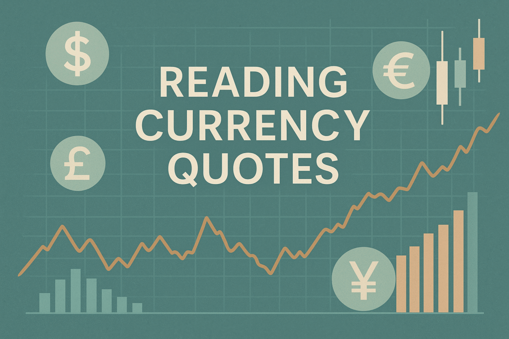 Reading currency quotes2 Illustrated graphic titled "Reading Currency Quotes" featuring currency symbols for the dollar, euro, pound, and yen, along with various financial charts, candlestick patterns, and bar graphs on a green grid background.