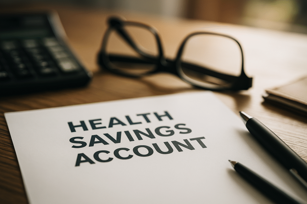 Understanding HealthSavings Accounts A close-up of a desk with a document titled “HEALTH SAVINGS ACCOUNT” in bold black letters. The paper is positioned next to a pair of black-rimmed eyeglasses, a pen, a stack of folders, and a calculator, all on a wooden surface with warm lighting.