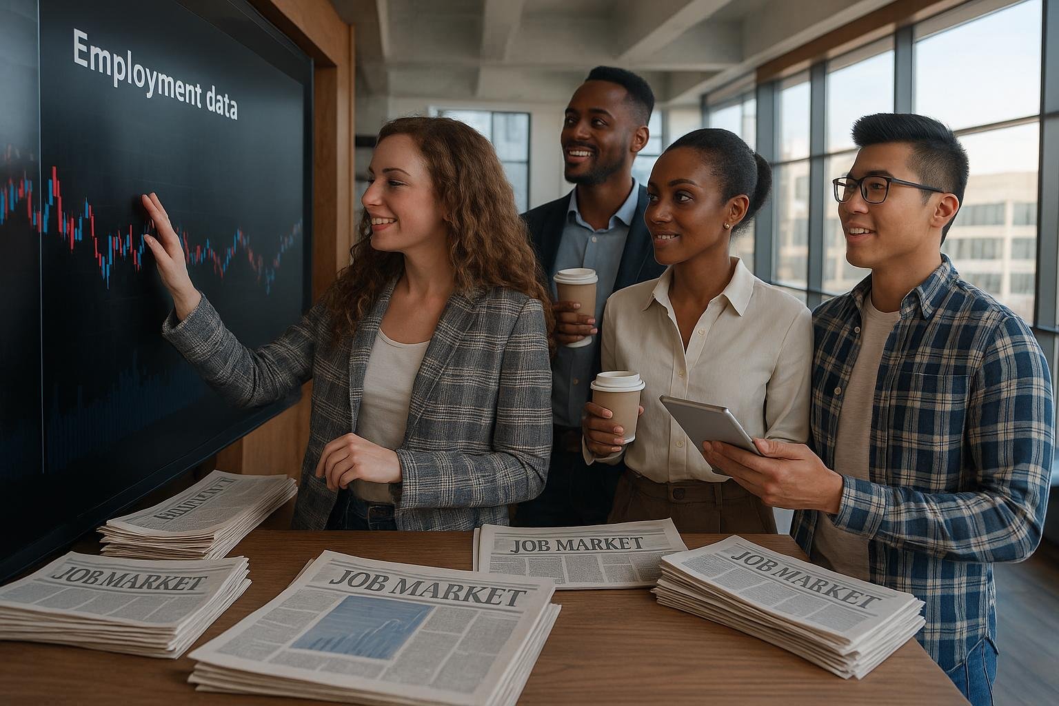"Photorealistic image of four diverse professionals in a modern office analyzing employment data on a large digital screen. The group is engaged and smiling, surrounded by stacks of newspapers labeled 'Job Market,' with sunlight streaming through floor-to-ceiling windows in a city-view workspace.