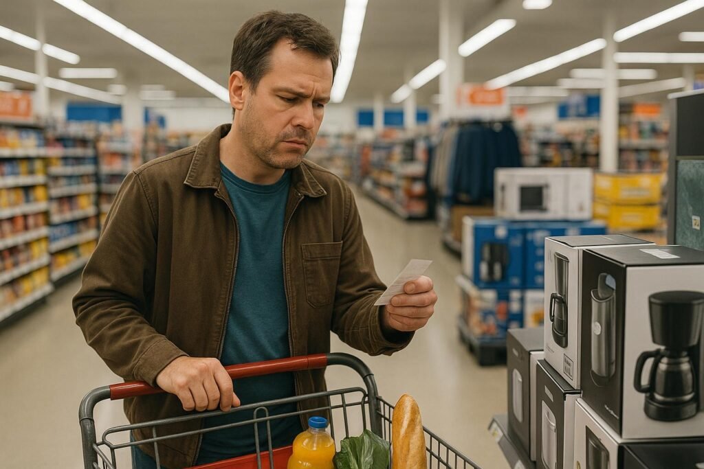 supermarket_price_check A man in his late 30s or early 40s stands in a brightly lit supermarket aisle, examining a price tag for a boxed coffee maker with a thoughtful expression. He has a partially filled shopping cart beside him containing essentials like orange juice, leafy greens, and a baguette. The shelves in the background display a mix of household goods and clothing, suggesting a wide range of product categories.