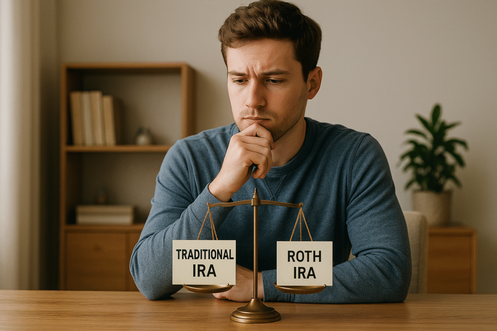 traditional vs roth ira A young Caucasian man sits at a wooden desk in a softly lit home office, appearing deep in thought. In front of him is a brass balance scale with two signs: one labeled 'Traditional IRA' and the other 'Roth IRA.' The background features neutral tones, a wooden bookshelf with books, and a green potted plant, illustrating a moment of financial decision-making.