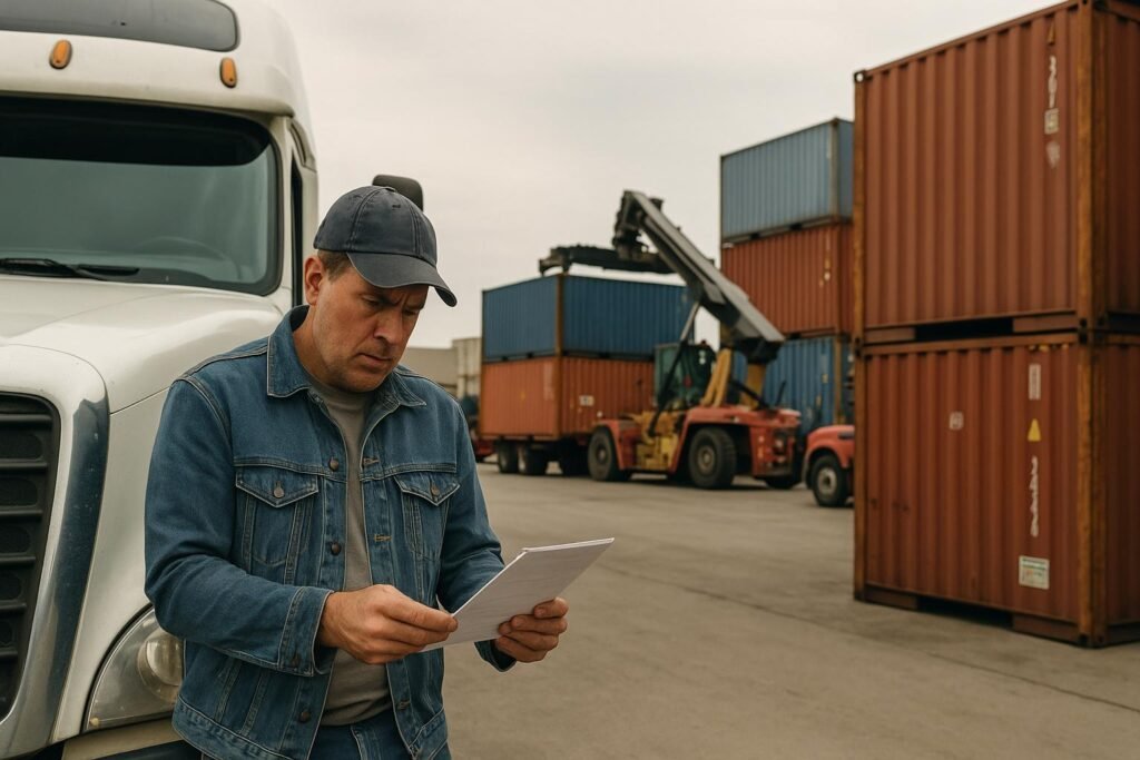 truck_driver_logistics_scene A middle-aged truck driver leans against a semi-truck on an overcast spring morning, reviewing a shipping manifest with a thoughtful expression. Behind him, rows of colorful shipping containers and active loading equipment depict the busy flow of goods at a large distribution center. The scene highlights the human element and logistical complexity of global trade.