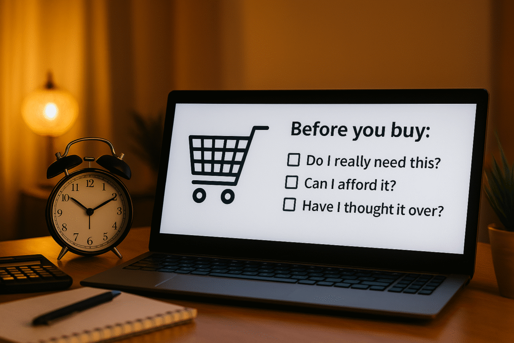 A cozy nighttime desk setup features a laptop displaying a checklist titled "Before you buy" with three items: "Do I really need this?", "Can I afford it?", and "Have I thought it over?". An analog alarm clock showing 9:10 sits beside the laptop, along with a calculator, notebook, and pen. Warm ambient lighting and a blurred background plant create a calm, reflective atmosphere. micro-habits to save money