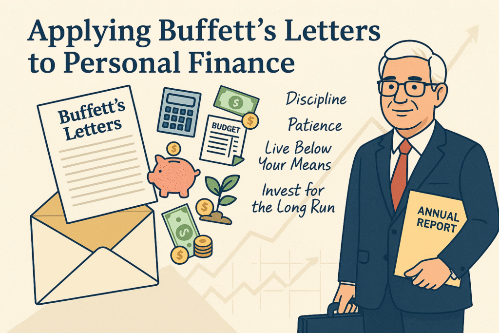 Illustrated investor with "Buffett's Letters," surrounded by personal finance icons and principles like discipline, patience, and living below your means, in a professional style.